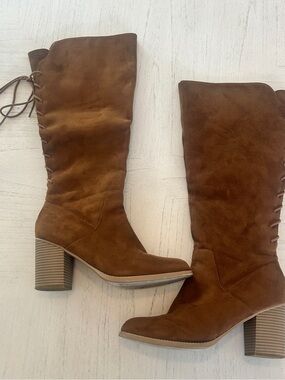 Brown Suede Knee-High Block Heel Boots - Women